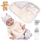 Reborn dúkka 38cm beige föt og teppi