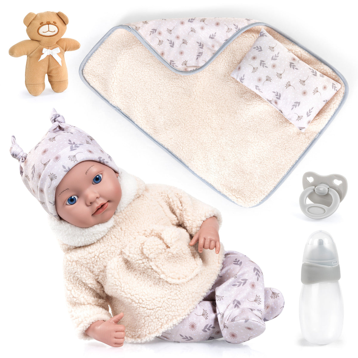 Reborn dúkka 38cm beige föt og teppi