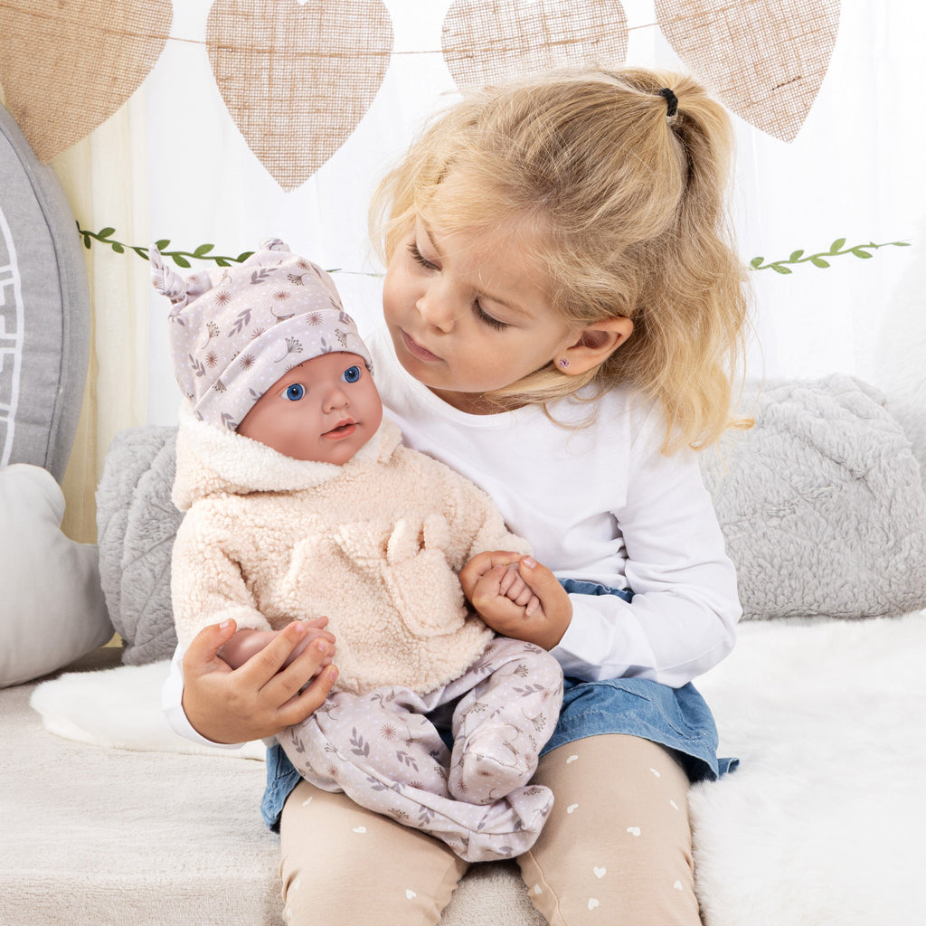 Reborn dúkka 38cm beige föt og teppi