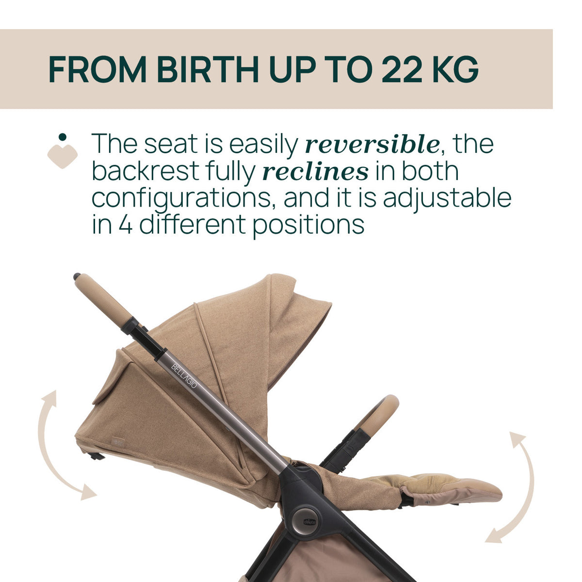 Chicco Bellagio kerra með vagnstykki Carmel 0-22kg -First Recline bílstóll og 360 isofix base